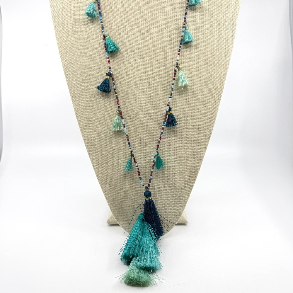 Boho Tassel Statement Necklace Blue Green Layered Beaded Beach Festival Jewelry